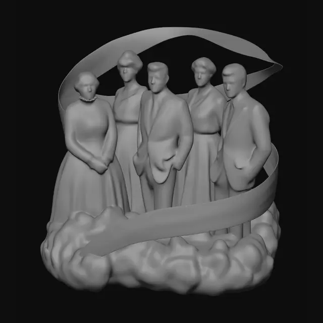 3D model for Create a photo-realistic, life-like, 3D image of Susan B. Anthony, Carrie Chapman Catt, John F. Kennedy, Eleanore Roosevelt and Robert F. Kennedy Sr, standing side by side on a large mystical red, white and blue cloud with white stardust with the American flag spiraled around them.