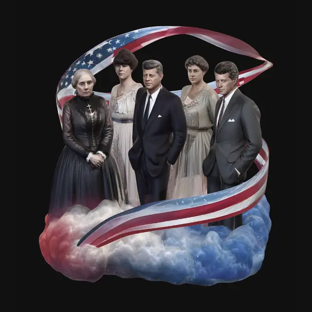 3D model for Create a photo-realistic, life-like, 3D image of Susan B. Anthony, Carrie Chapman Catt, John F. Kennedy, Eleanore Roosevelt and Robert F. Kennedy Sr, standing side by side on a large mystical red, white and blue cloud with white stardust with the American flag spiraled around them.