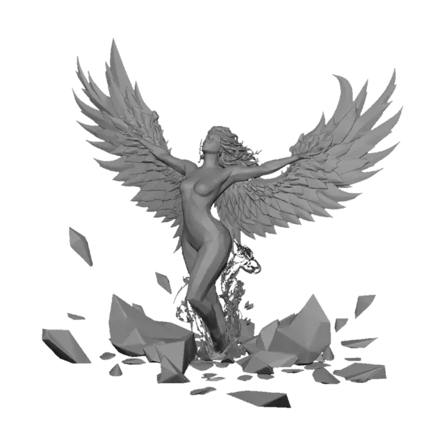 3D model for Create an image of a broken crystal female figurine shattered on the floor with beams of light from the Holy Spirit creating prism-like affects and from that rising like a fire-bird is the same female alive, complete, powerful, surrounded by lightning and fire, a new creature with a stronger better life.