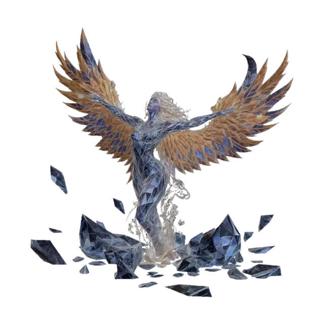 3D model for Create an image of a broken crystal female figurine shattered on the floor with beams of light from the Holy Spirit creating prism-like affects and from that rising like a fire-bird is the same female alive, complete, powerful, surrounded by lightning and fire, a new creature with a stronger better life.