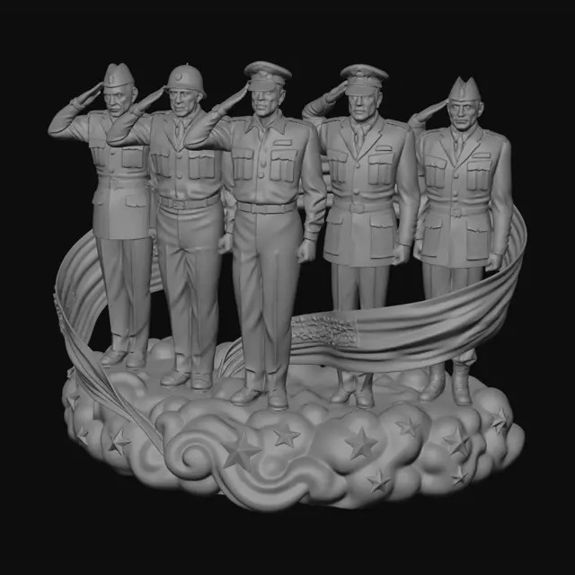 3D model for Create a photorealistic, 3D image of a bronze statue of Major Audie Murphy, General George S. Patton, General Douglas MacArthur, Brigadier General Jimmy Stewart, and Lieutenant General Lewis "Chesty" Puller, all standing together at attention and saluting while standing on swirling clouds of red, white, and blue sprinkled with glistening stars and the United States Flag spiraled around them.  Put it on a transparent background with no shadows and give it a soft warm amber light.