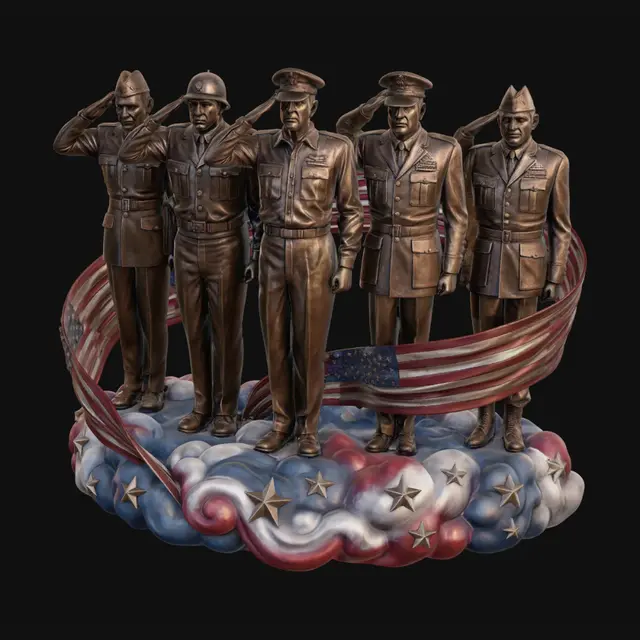 3D model for Create a photorealistic, 3D image of a bronze statue of Major Audie Murphy, General George S. Patton, General Douglas MacArthur, Brigadier General Jimmy Stewart, and Lieutenant General Lewis "Chesty" Puller, all standing together at attention and saluting while standing on swirling clouds of red, white, and blue sprinkled with glistening stars and the United States Flag spiraled around them.  Put it on a transparent background with no shadows and give it a soft warm amber light.