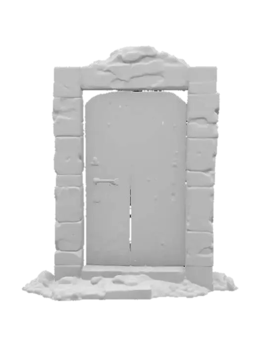 3D model for An old, dark wooden door stands sealed within a crumbling stone frame. Thick cobwebs stretch across the doorway, clinging to the corners and edges, suggesting years of abandonment. The worn wood is scratched and weathered, adding to the eerie, forgotten atmosphere. Set against a plain white background, the contrast highlights the decayed textures and enhances the ominous, haunted feel of the scene