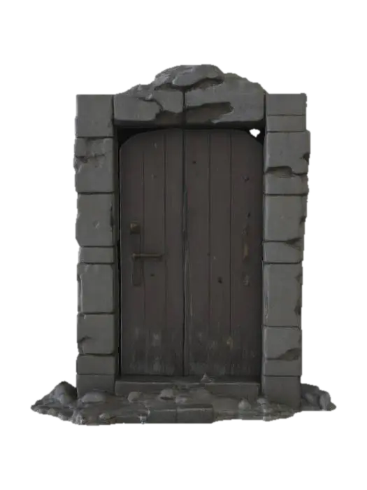 3D model for An old, dark wooden door stands sealed within a crumbling stone frame. Thick cobwebs stretch across the doorway, clinging to the corners and edges, suggesting years of abandonment. The worn wood is scratched and weathered, adding to the eerie, forgotten atmosphere. Set against a plain white background, the contrast highlights the decayed textures and enhances the ominous, haunted feel of the scene