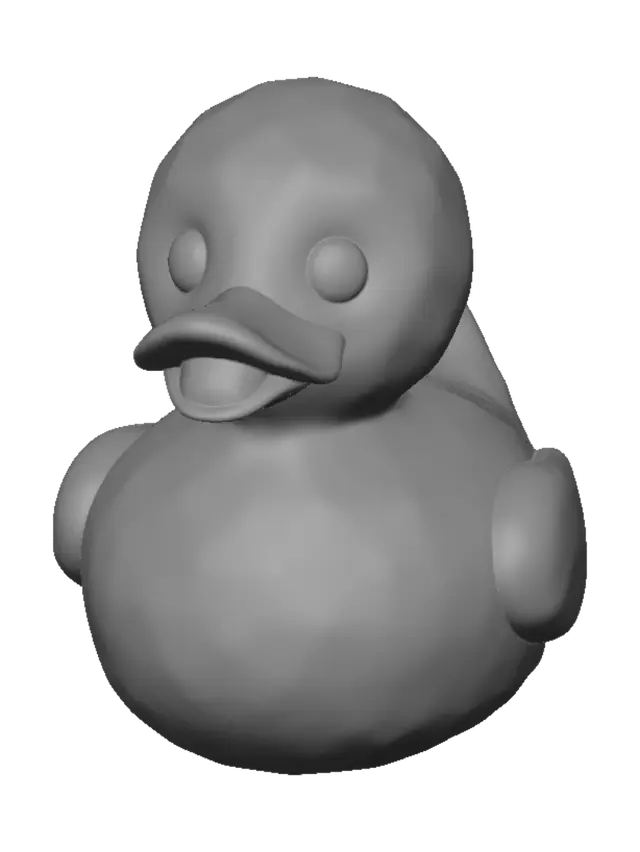 3D model for A clean, low-poly yellow rubber duck toy with a smooth, rounded body, bright yellow plastic material, an orange beak, and small black eyes. Simple geometric shapes with minimal detail, evenly distributed topology, game-ready mesh, centered origin, symmetrical design, no textures baked in, PBR-ready UVs, optimized for real-time rendering, stylized, cute, isolated on a transparent background.