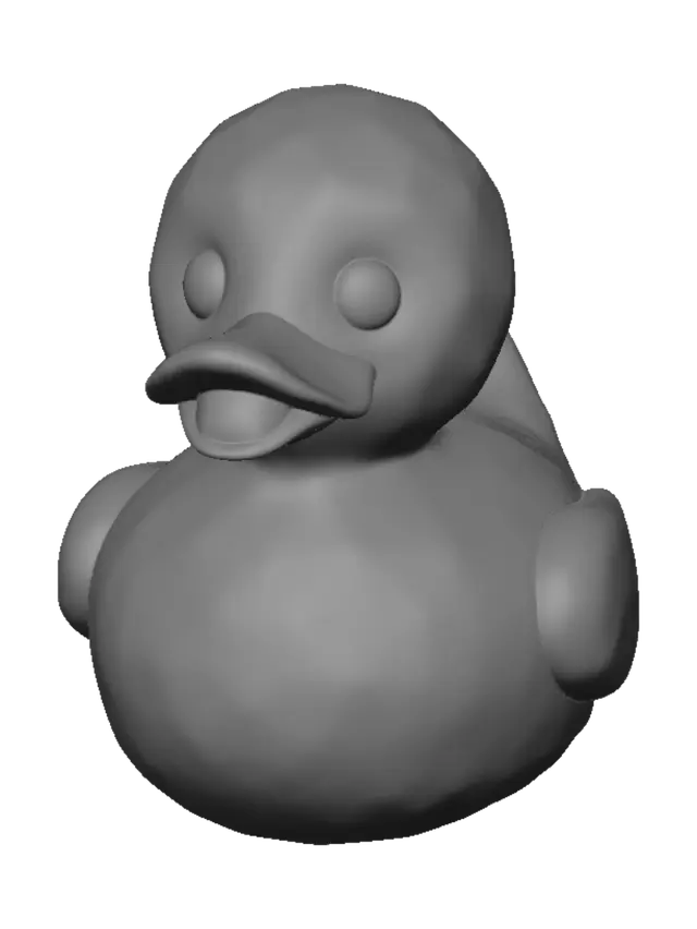 3D model for A clean, low-poly yellow rubber duck toy with a smooth, rounded body, bright yellow plastic material, an orange beak, and small black eyes. Simple geometric shapes with minimal detail, evenly distributed topology, game-ready mesh, centered origin, symmetrical design, no textures baked in, PBR-ready UVs, optimized for real-time rendering, stylized, cute, isolated on a transparent background.