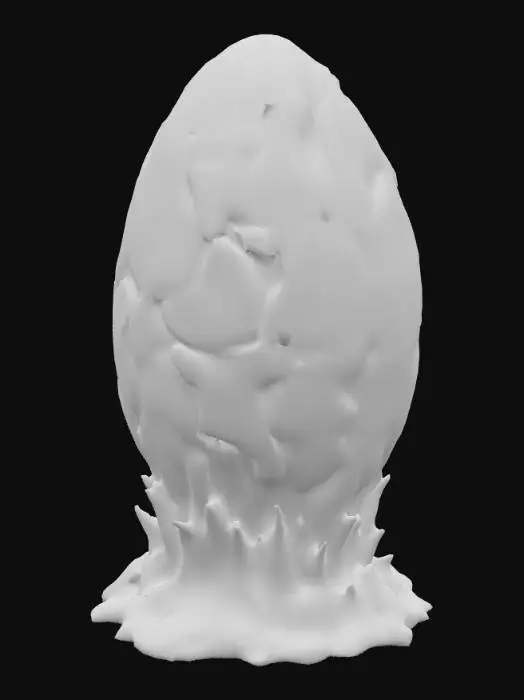 3D model for 
A large, fantasy-style egg with a slightly asymmetrical, organic shape so it looks natural. The outer shell should be dark volcanic rock with deep cracks glowing from within.

Primary Color: Charcoal black

Glow Color: Fiery orange → yellow gradient inside cracks, as if molten lava is beneath the surface

Surface Details: Small scorched marks, subtle rocky bumps, a few jagged edges

Special Effects:

Thin trails of smoke rising from the top

Occasional small ember particles drifting away

Pattern: The cracks should form branching flame-like shapes wrapping around the egg

Base Ring: A small bed of blackened, jagged obsidian shards for the egg to rest on, maybe with faint heat distortion above

Scale: About 1.2x the size of a Roblox player’s head (slightly bigger than a real egg to feel 