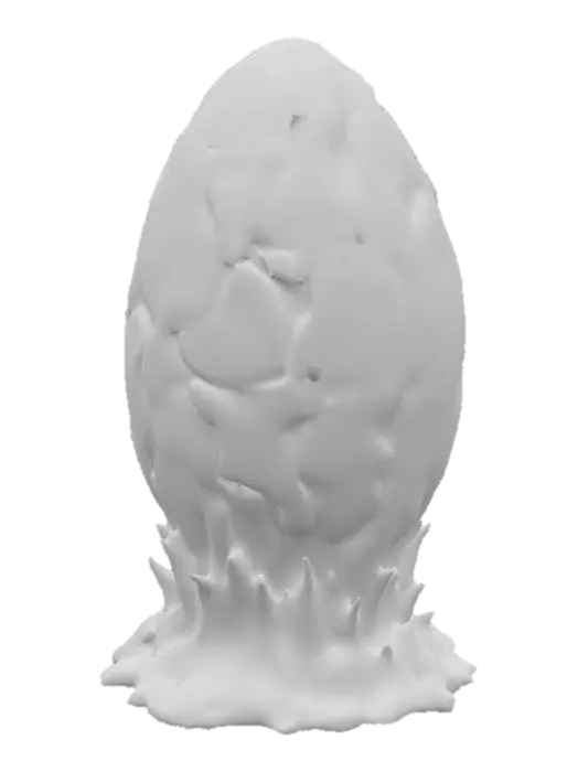 3D model for 
A large, fantasy-style egg with a slightly asymmetrical, organic shape so it looks natural. The outer shell should be dark volcanic rock with deep cracks glowing from within.

Primary Color: Charcoal black

Glow Color: Fiery orange → yellow gradient inside cracks, as if molten lava is beneath the surface

Surface Details: Small scorched marks, subtle rocky bumps, a few jagged edges

Special Effects:

Thin trails of smoke rising from the top

Occasional small ember particles drifting away

Pattern: The cracks should form branching flame-like shapes wrapping around the egg

Base Ring: A small bed of blackened, jagged obsidian shards for the egg to rest on, maybe with faint heat distortion above

Scale: About 1.2x the size of a Roblox player’s head (slightly bigger than a real egg to feel 