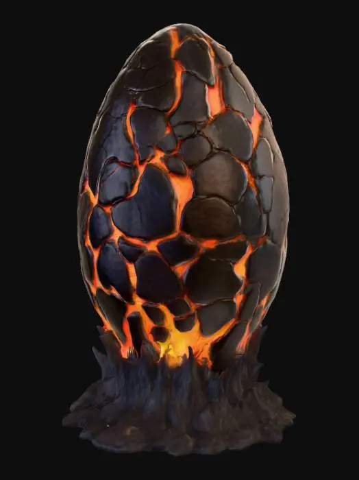 3D model for 
A large, fantasy-style egg with a slightly asymmetrical, organic shape so it looks natural. The outer shell should be dark volcanic rock with deep cracks glowing from within.

Primary Color: Charcoal black

Glow Color: Fiery orange → yellow gradient inside cracks, as if molten lava is beneath the surface

Surface Details: Small scorched marks, subtle rocky bumps, a few jagged edges

Special Effects:

Thin trails of smoke rising from the top

Occasional small ember particles drifting away

Pattern: The cracks should form branching flame-like shapes wrapping around the egg

Base Ring: A small bed of blackened, jagged obsidian shards for the egg to rest on, maybe with faint heat distortion above

Scale: About 1.2x the size of a Roblox player’s head (slightly bigger than a real egg to feel 