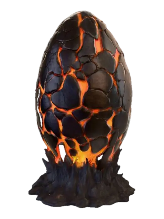 3D model for 
A large, fantasy-style egg with a slightly asymmetrical, organic shape so it looks natural. The outer shell should be dark volcanic rock with deep cracks glowing from within.

Primary Color: Charcoal black

Glow Color: Fiery orange → yellow gradient inside cracks, as if molten lava is beneath the surface

Surface Details: Small scorched marks, subtle rocky bumps, a few jagged edges

Special Effects:

Thin trails of smoke rising from the top

Occasional small ember particles drifting away

Pattern: The cracks should form branching flame-like shapes wrapping around the egg

Base Ring: A small bed of blackened, jagged obsidian shards for the egg to rest on, maybe with faint heat distortion above

Scale: About 1.2x the size of a Roblox player’s head (slightly bigger than a real egg to feel 