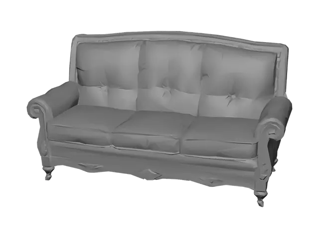 3D model for Create a realistic 3D old sofa for an abandoned haunted house. The sofa is a large 3-seater with worn fabric, faded colors, and heavy signs of age. The cushions are sagging and uneven from years of use. The fabric is torn in several places, exposing old stuffing underneath. Thick dust covers the entire sofa, with cobwebs around the legs and between cushions. Small stains, scratches, and moisture damage add to the neglected appearance. The wooden frame is slightly visible in damaged areas and shows signs of rot and wear. Style fits a creepy abandoned house from the 1980s–1990s. High-detail geometry, realistic PBR textures, game-ready asset, optimized topology, isolated object, neutral background, suitable for Roblox horror games.**