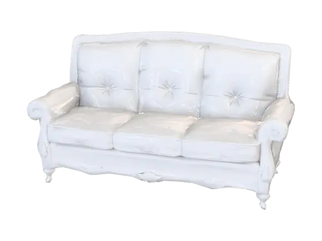 3D model for Create a realistic 3D old sofa for an abandoned haunted house. The sofa is a large 3-seater with worn fabric, faded colors, and heavy signs of age. The cushions are sagging and uneven from years of use. The fabric is torn in several places, exposing old stuffing underneath. Thick dust covers the entire sofa, with cobwebs around the legs and between cushions. Small stains, scratches, and moisture damage add to the neglected appearance. The wooden frame is slightly visible in damaged areas and shows signs of rot and wear. Style fits a creepy abandoned house from the 1980s–1990s. High-detail geometry, realistic PBR textures, game-ready asset, optimized topology, isolated object, neutral background, suitable for Roblox horror games.**