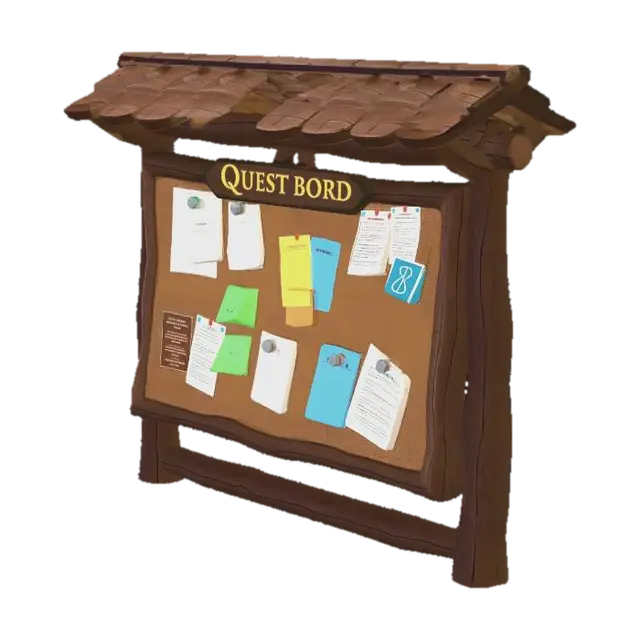 Medieval wooden quest board with small wooden roof on top, two vertical wooden posts… - Guild 3D model, vytvořený pomocí AI