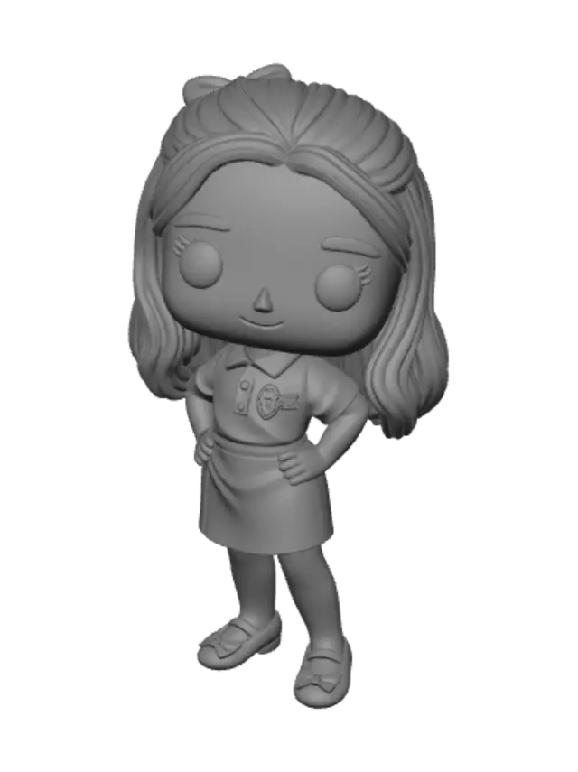 3D model for Transform this girl into a Funko Pop vinyl figure style. Keep her features: long dark brown hair with a white bow, school uniform with white polo shirt and navy blue skirt, white tights, beige ballet flats. Funko Pop style: large round head, big black oval eyes, tiny nose, small smile, short stubby body, stylized proportions. Full body figure on a clean white background, product render style, studio lighting, isometric view showing the complete figure.