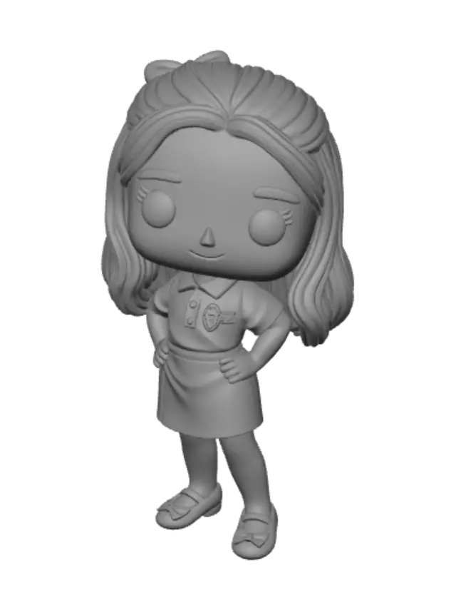3D model for Transform this girl into a Funko Pop vinyl figure style. Keep her features: long dark brown hair with a white bow, school uniform with white polo shirt and navy blue skirt, white tights, beige ballet flats. Funko Pop style: large round head, big black oval eyes, tiny nose, small smile, short stubby body, stylized proportions. Full body figure on a clean white background, product render style, studio lighting, isometric view showing the complete figure.