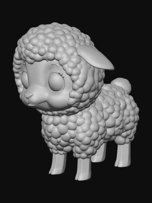 3D model for tiny chibi baby lamb, perfectly round woolly body, oversized head, big gentle blue eyes, tiny ears, stubby legs, pure white fluffy wool, pink nose, cute cartoon style, low poly 500 triangles, mobile game character, solid background
