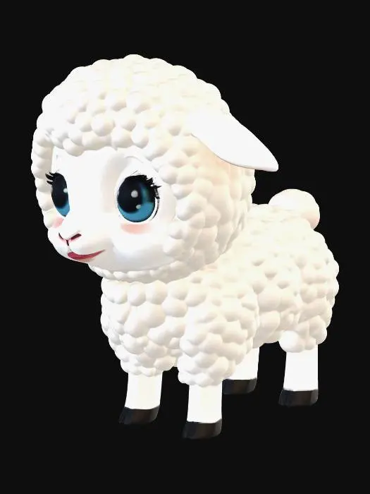 3D model for tiny chibi baby lamb, perfectly round woolly body, oversized head, big gentle blue eyes, tiny ears, stubby legs, pure white fluffy wool, pink nose, cute cartoon style, low poly 500 triangles, mobile game character, solid background