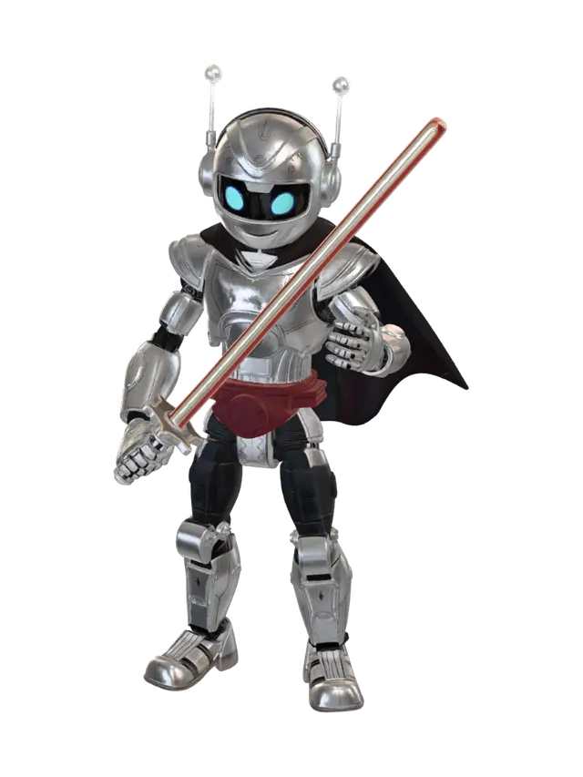 Un robot humanoide disfrazado de espadachin y con una espada laser, divertido y tierno - Tender 3D model, vytvořený pomocí AI