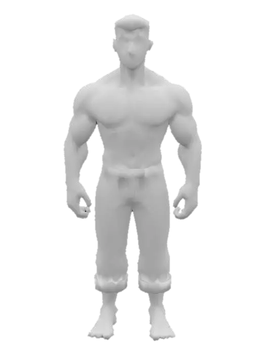 3D model for low poly, human main character,  fantasy, simple,  fit, muscular,no weapons, no armor just pants