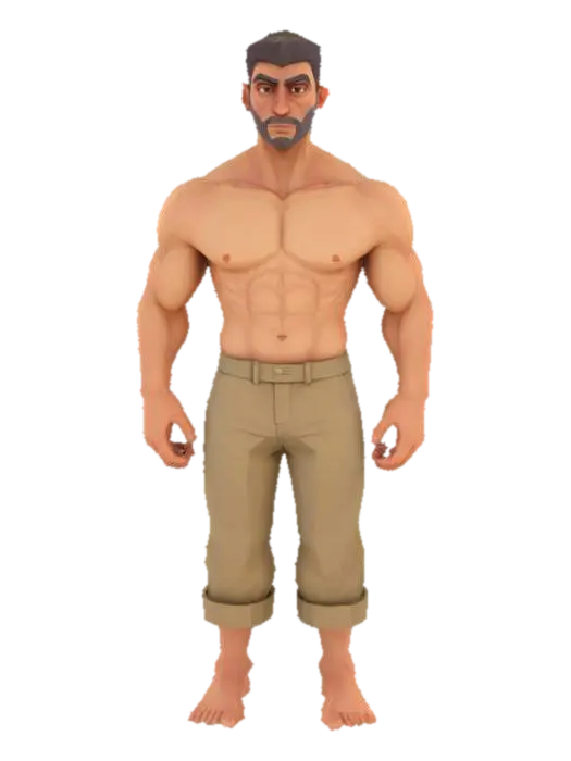 3D model for low poly, human main character,  fantasy, simple,  fit, muscular,no weapons, no armor just pants