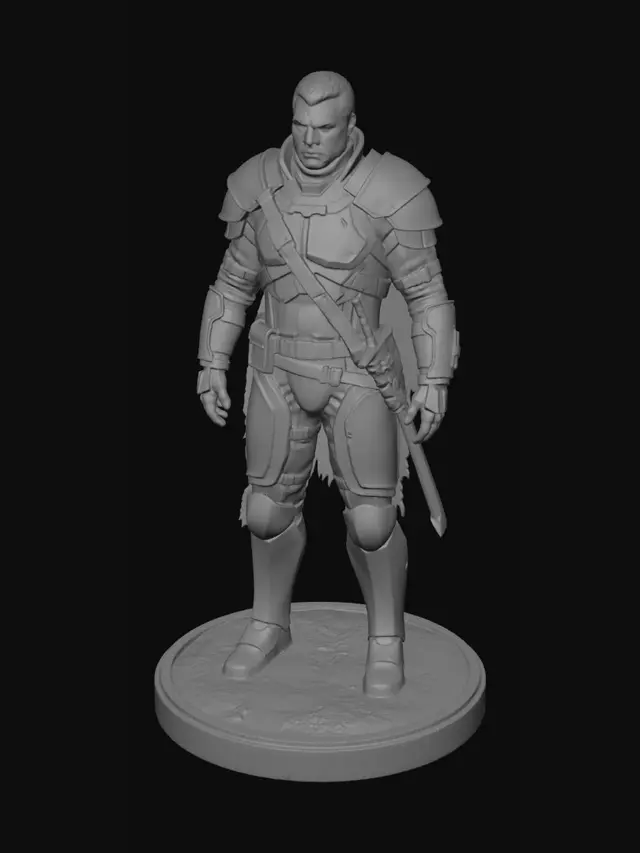 3D model for Derin bakışları olab, zor zamanlar geçirmiş, çetin mücadeleler görmüş, bir galaksi savaşçısı. Yorgun, yılgın, ama pes etmeye niyeti olmadığı yüzünden okunuyor. İnsan türünden. Tam boy. Küçük bir diorama ile.
