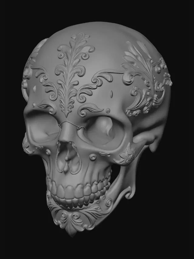 3D model for A monochromatic 3D printed ornate skull, matte grey finish, gothic baroque style, intricate filigree and leaf patterns carved into the surface, clean solid color with no gradients, sharp details, studio lighting, macro photography, hyper-detailed texture, 8k resolution.