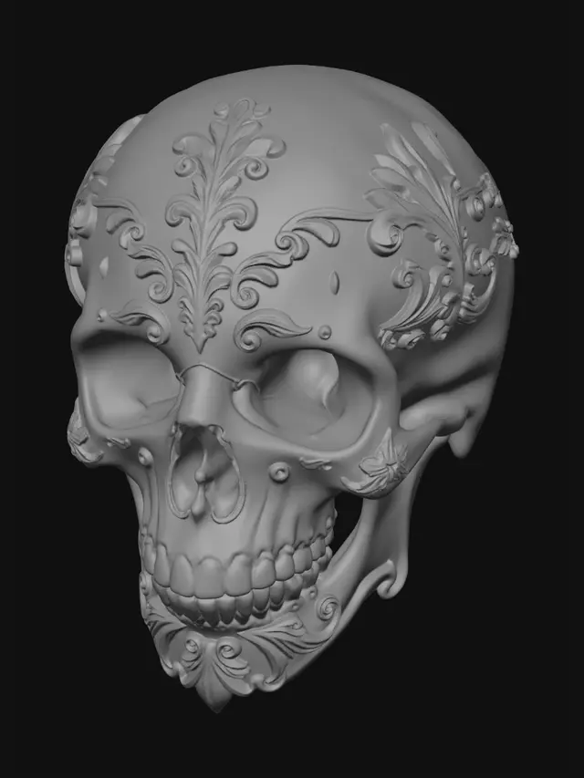 3D model for A monochromatic 3D printed ornate skull, matte grey finish, gothic baroque style, intricate filigree and leaf patterns carved into the surface, clean solid color with no gradients, sharp details, studio lighting, macro photography, hyper-detailed texture, 8k resolution.