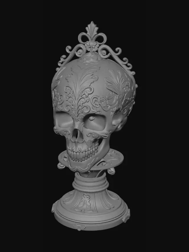 3D model for A masterpiece product photograph of an intricately designed ornamental human skull, completely covered in deep, precise baroque filigree and complex embossed relief carvings. The skull is seamlessly integrated onto a custom-designed matching luxury display pedestal stand. Shot with a professional macro lens, 35mm, f/4 aperture for sharp depth of field, dramatic museum-style lighting with soft key highlights and deep shadows that emphasize the 3D texture. Clean, minimalist studio backdrop. Hyper-realistic, insane details, ultra-high resolution, architectural precision, 8k, industrial design showcase.3D printed