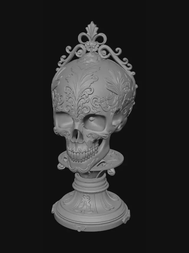 3D model for A masterpiece product photograph of an intricately designed ornamental human skull, completely covered in deep, precise baroque filigree and complex embossed relief carvings. The skull is seamlessly integrated onto a custom-designed matching luxury display pedestal stand. Shot with a professional macro lens, 35mm, f/4 aperture for sharp depth of field, dramatic museum-style lighting with soft key highlights and deep shadows that emphasize the 3D texture. Clean, minimalist studio backdrop. Hyper-realistic, insane details, ultra-high resolution, architectural precision, 8k, industrial design showcase.3D printed