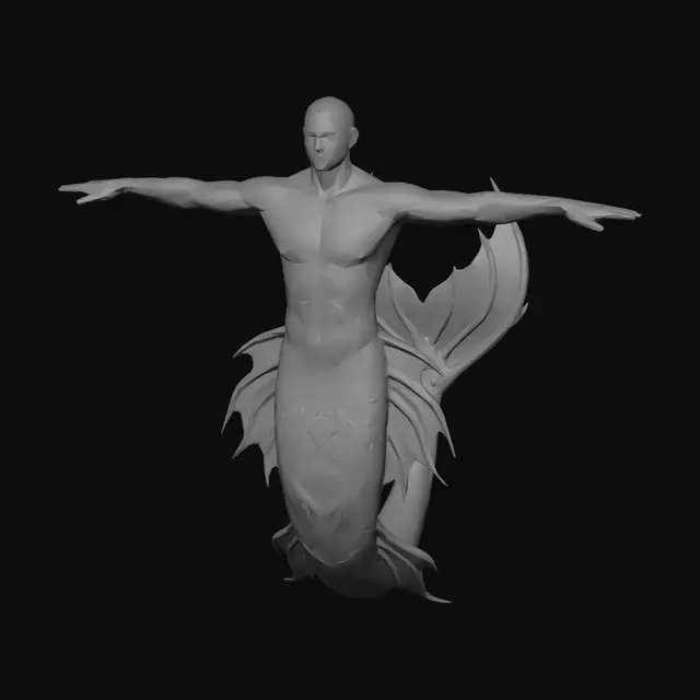 3D model for um tritão corpo atletico, cauda multicolorida com aspecto de indigena do brasil com bela barbatanas em sua cauda com braços abertos  para aplicar animação