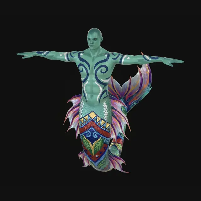 3D model for um tritão corpo atletico, cauda multicolorida com aspecto de indigena do brasil com bela barbatanas em sua cauda com braços abertos  para aplicar animação