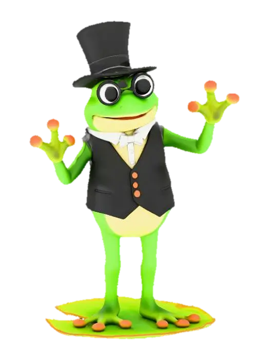 a proud green frog with a black waist coat top hat and round glasses with his hands… 3D model, vytvořený pomocí AI