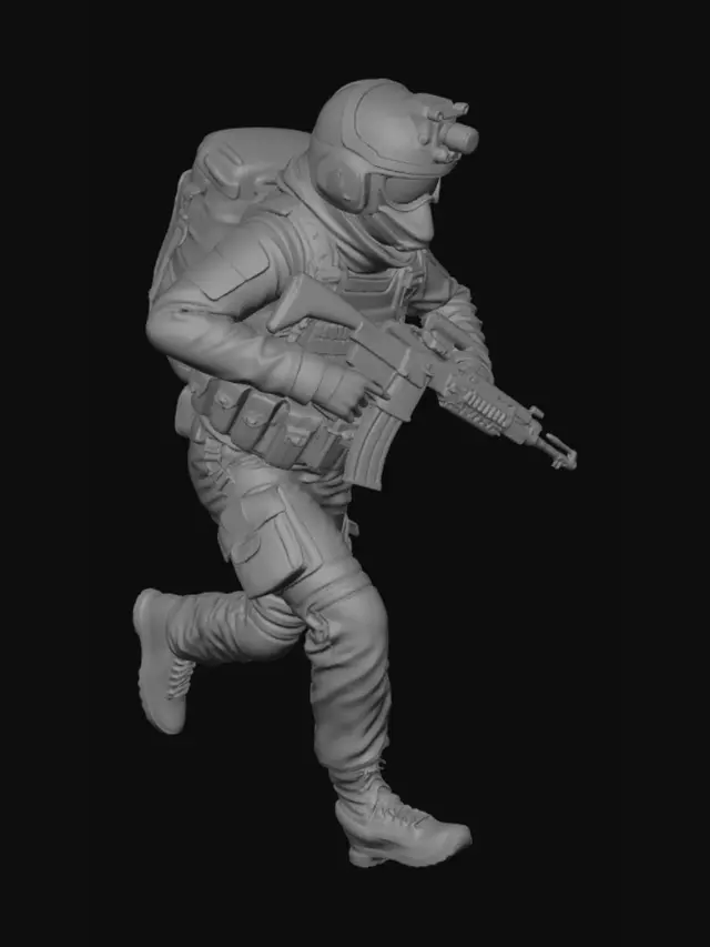 3D model for Un soldato molto dettagliato che impugna un ak47  ed è in posizione di corsa, indossa un visore notturno
