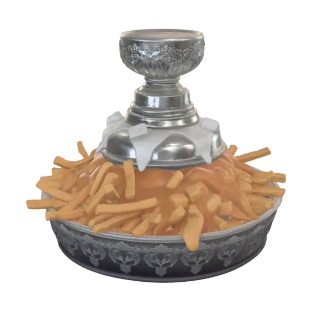 A silver Canadian hockey trophy full of poutine 3D model, vytvořený pomocí AI