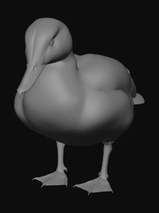 3D model for A single mallard duck standing, photorealistic,
male duck with iridescent dark green head,
white neck ring, brown chest, grey body feathers,
orange webbed feet, yellow-green bill,
detailed realistic feather texture,
soft natural lighting, neutral background,
single object, no water, high detail