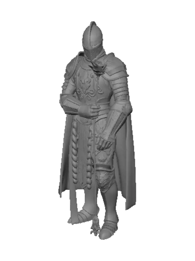 3D model for A highly detailed 3D model of a medieval knight in shining silver armor, holding a single, vibrant red rose in his gauntlet-covered hand. Intricate engravings on the armor, realistic metal textures, and detailed fabric textures on his tunic. Cinematic lighting, photorealistic, 8k resolution, masterpiece.