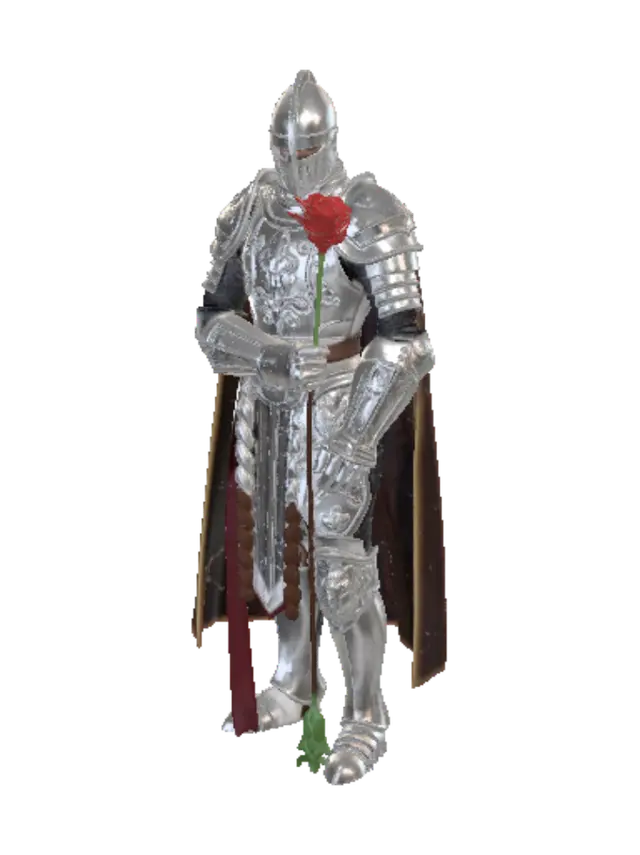3D model for A highly detailed 3D model of a medieval knight in shining silver armor, holding a single, vibrant red rose in his gauntlet-covered hand. Intricate engravings on the armor, realistic metal textures, and detailed fabric textures on his tunic. Cinematic lighting, photorealistic, 8k resolution, masterpiece.