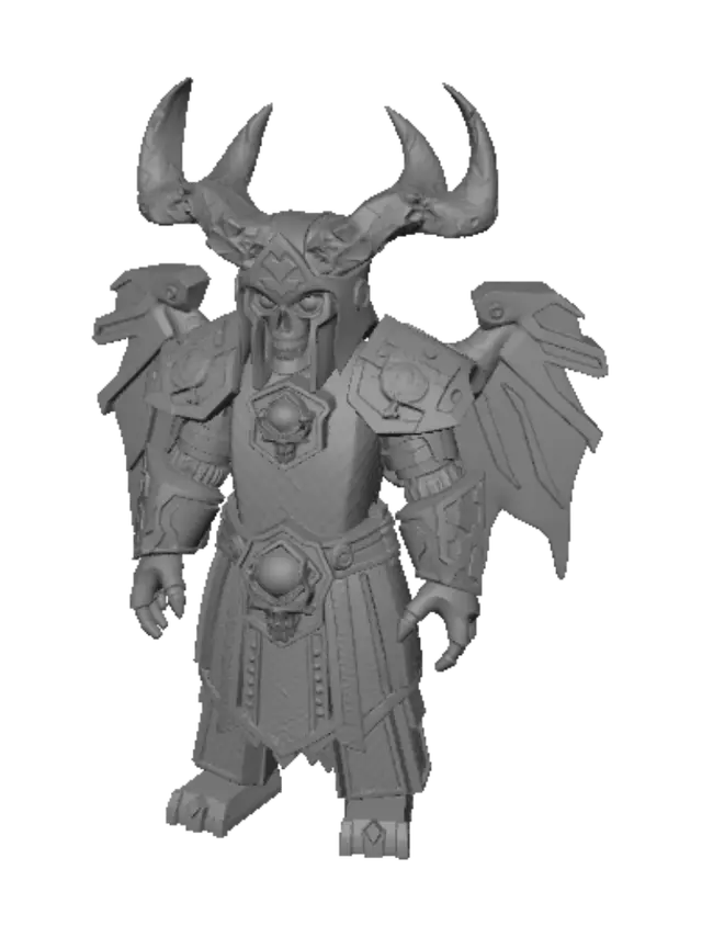 3D model for High-quality Minecraft voxel character model of Hades with premium 64x64 pixel-art textures. Dark grey ancient metal armor featuring intricate hand-painted pixelated weathering, geometric patterns, layered chestplate, and heavy voxel shoulder pauldrons. Wears a dark pixel-patterned fabric kilt-skirt with a distinct glowing blue skull medallion at the waist. Dark stone voxel helmet adorned with detailed gnarled pixel-textured antlers. Face features deep pixelated skull-eyes with a vibrant blue emissive glow texture. Wielding a sharp two-pronged bident weapon with a glowing blue core gem at its head. Crisp high-resolution pixel art with sharp textures, avoiding any blurriness. Features a soft baked-in blue bloom effect on all glowing parts to maximize 3D voxel visual depth.
