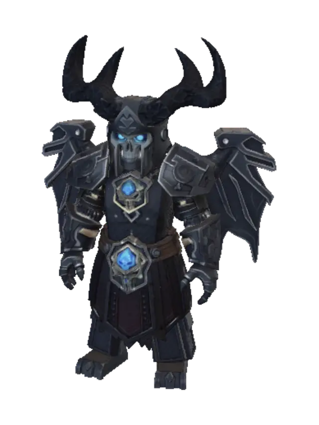 3D model for High-quality Minecraft voxel character model of Hades with premium 64x64 pixel-art textures. Dark grey ancient metal armor featuring intricate hand-painted pixelated weathering, geometric patterns, layered chestplate, and heavy voxel shoulder pauldrons. Wears a dark pixel-patterned fabric kilt-skirt with a distinct glowing blue skull medallion at the waist. Dark stone voxel helmet adorned with detailed gnarled pixel-textured antlers. Face features deep pixelated skull-eyes with a vibrant blue emissive glow texture. Wielding a sharp two-pronged bident weapon with a glowing blue core gem at its head. Crisp high-resolution pixel art with sharp textures, avoiding any blurriness. Features a soft baked-in blue bloom effect on all glowing parts to maximize 3D voxel visual depth.