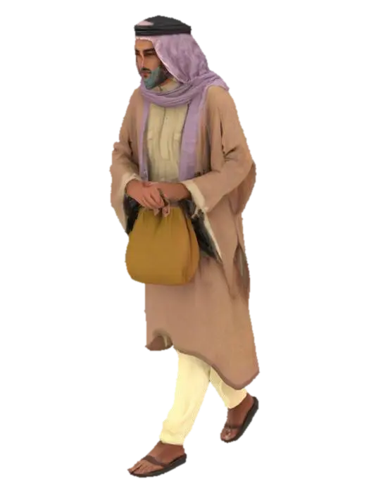 a walking desert-dealer/trader, arab 3D model, vytvořený pomocí AI