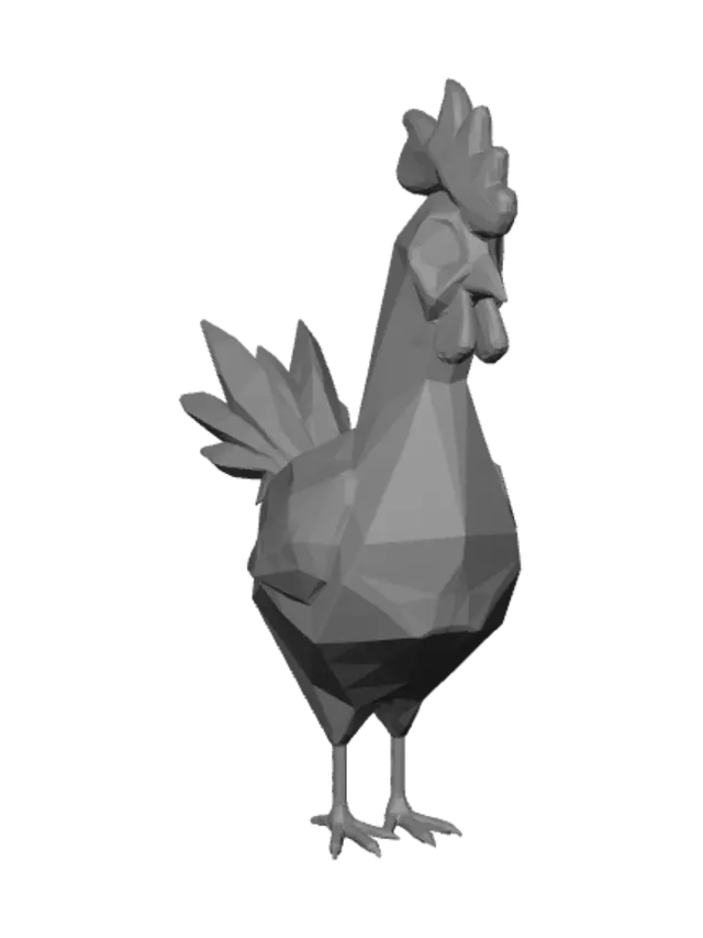 3D model for A low poly cartoon white chicken, simple geometric shapes, flat colors, cute and stylized, 3D game asset, white body, bright red comb and wattles, yellow beak and legs, minimal detail, clean topology.