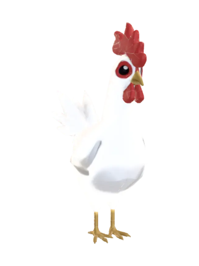 3D model for A low poly cartoon white chicken, simple geometric shapes, flat colors, cute and stylized, 3D game asset, white body, bright red comb and wattles, yellow beak and legs, minimal detail, clean topology.