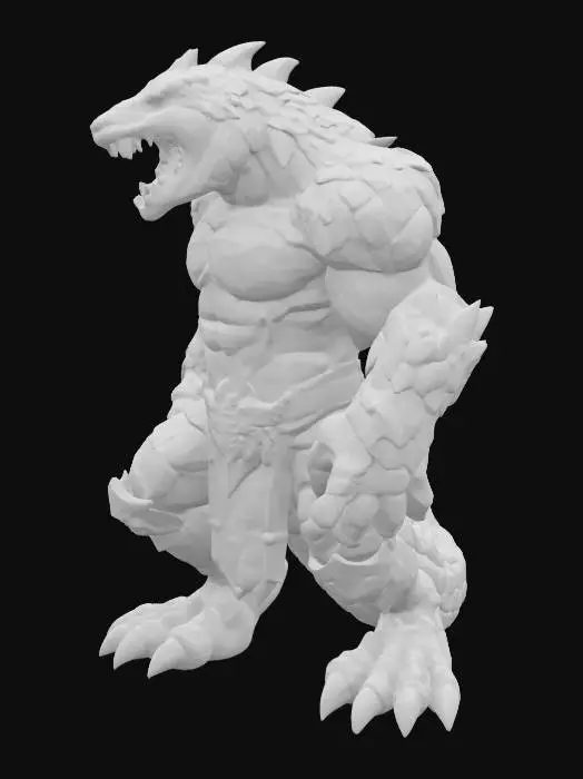 3D model for A Dragon-Lizard Sentinel, with red Martian flesh, cracked and scaly stylized skin, claws, and thick SWOL body, D&D style, highly stylized, thick and clean lines