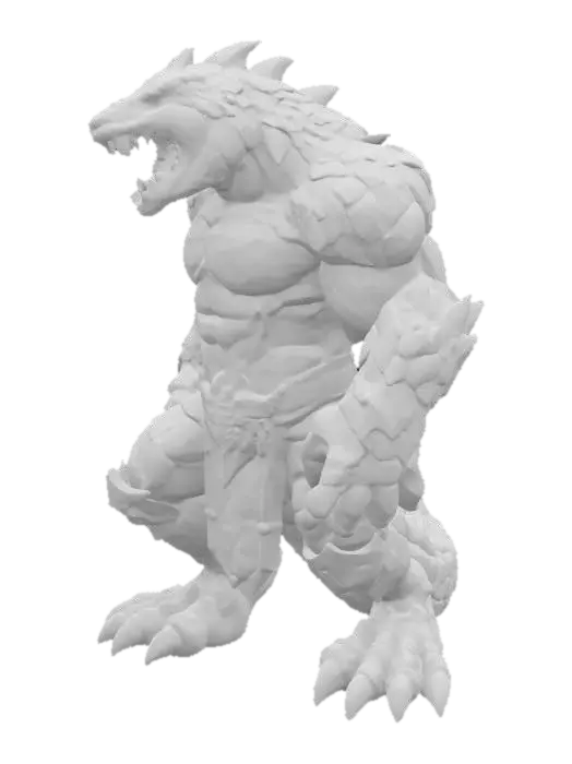 3D model for A Dragon-Lizard Sentinel, with red Martian flesh, cracked and scaly stylized skin, claws, and thick SWOL body, D&D style, highly stylized, thick and clean lines
