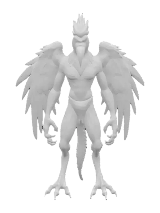 3D model for The object is a stylized anthropomorphic creature with a muscular torso and limbs, large, feathered wings, a bird-like head, and detailed textural elements indicative of feathers., Highly Detailed, Polished, Fantasy, Stylized