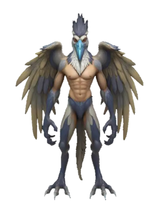 3D model for The object is a stylized anthropomorphic creature with a muscular torso and limbs, large, feathered wings, a bird-like head, and detailed textural elements indicative of feathers., Highly Detailed, Polished, Fantasy, Stylized