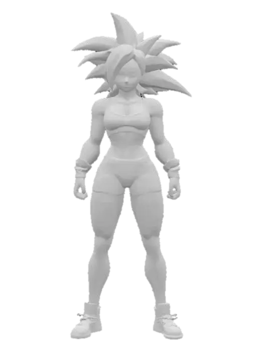 3D model for A cell shaded comic book character, cell shaded with thick black lines and bold colors, a sexy super fit female in sci-fi sports bra and shorts, realistic proportions, Super Saiyan 3 hair