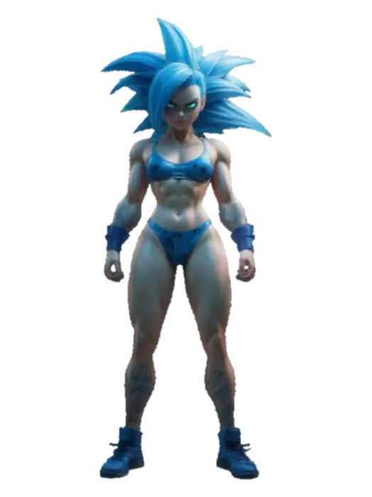3D model for A cell shaded comic book character, cell shaded with thick black lines and bold colors, a sexy super fit female in sci-fi sports bra and shorts, realistic proportions, Super Saiyan 3 hair