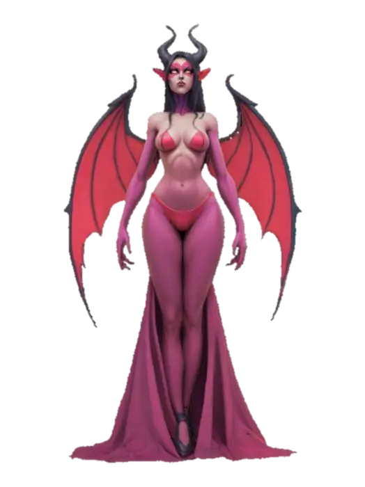 3D model for A cell shaded comic book character, cell shaded with thick black lines and bold colors, a succubus