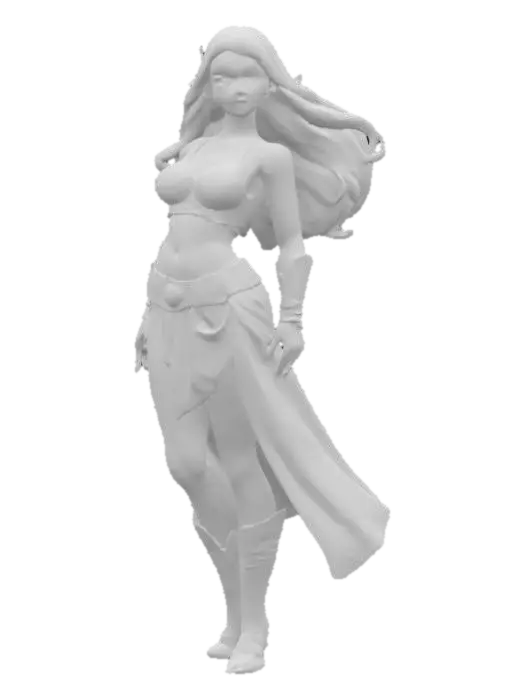 3D model for A cell-shaded comic book character, cell-shaded with thick black hand drawn lines and bold colors, realistic but stylized proportions, a super heroine from ancient times